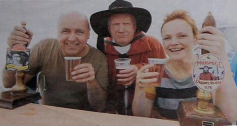 Actors James Quinn, John Graham Davies & Maxine Peake serve the first pints of Gerrard Winstanley and Diggers 1649 Ales at the 2nd Wigan Diggers' Festival in 2012