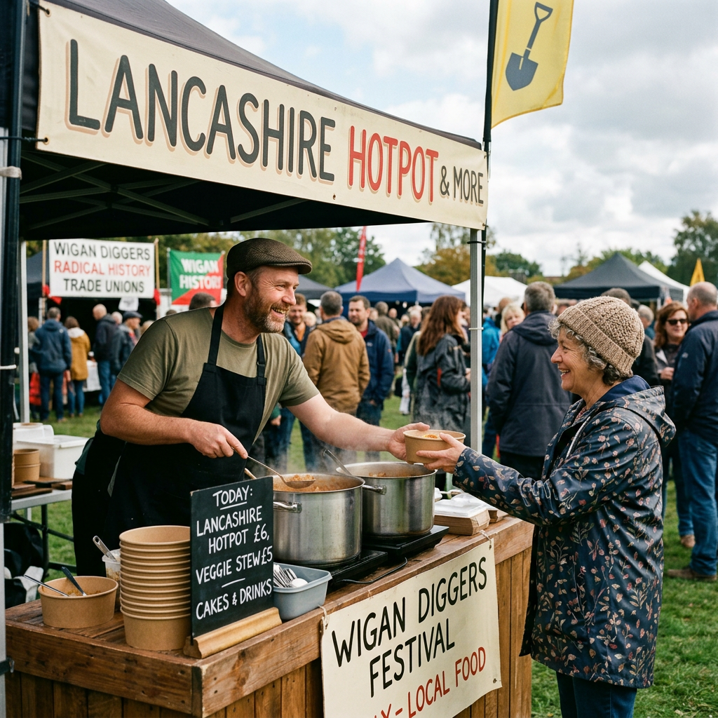 Vendor serving Lancashire hotpot to customer at outdoor festival food stall