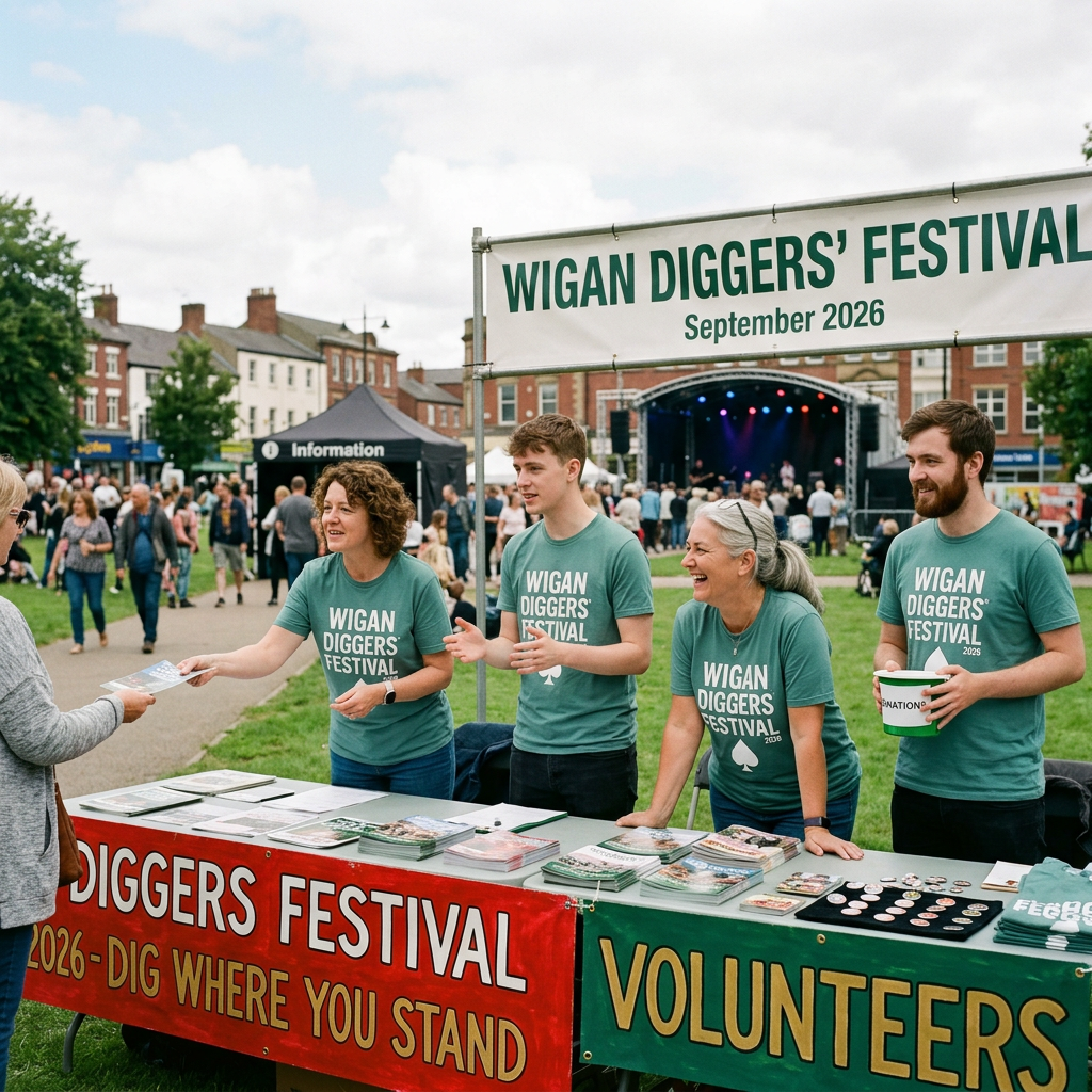 Four volunteers in Wigan Diggers' Festival shirts handing out materials at a festival booth